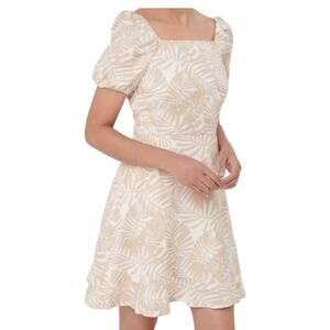 Ann Taylor LOFT Tan Palm Leaf Linen Square Neck Puff Sleeve Dress sz 12 NEW Tags